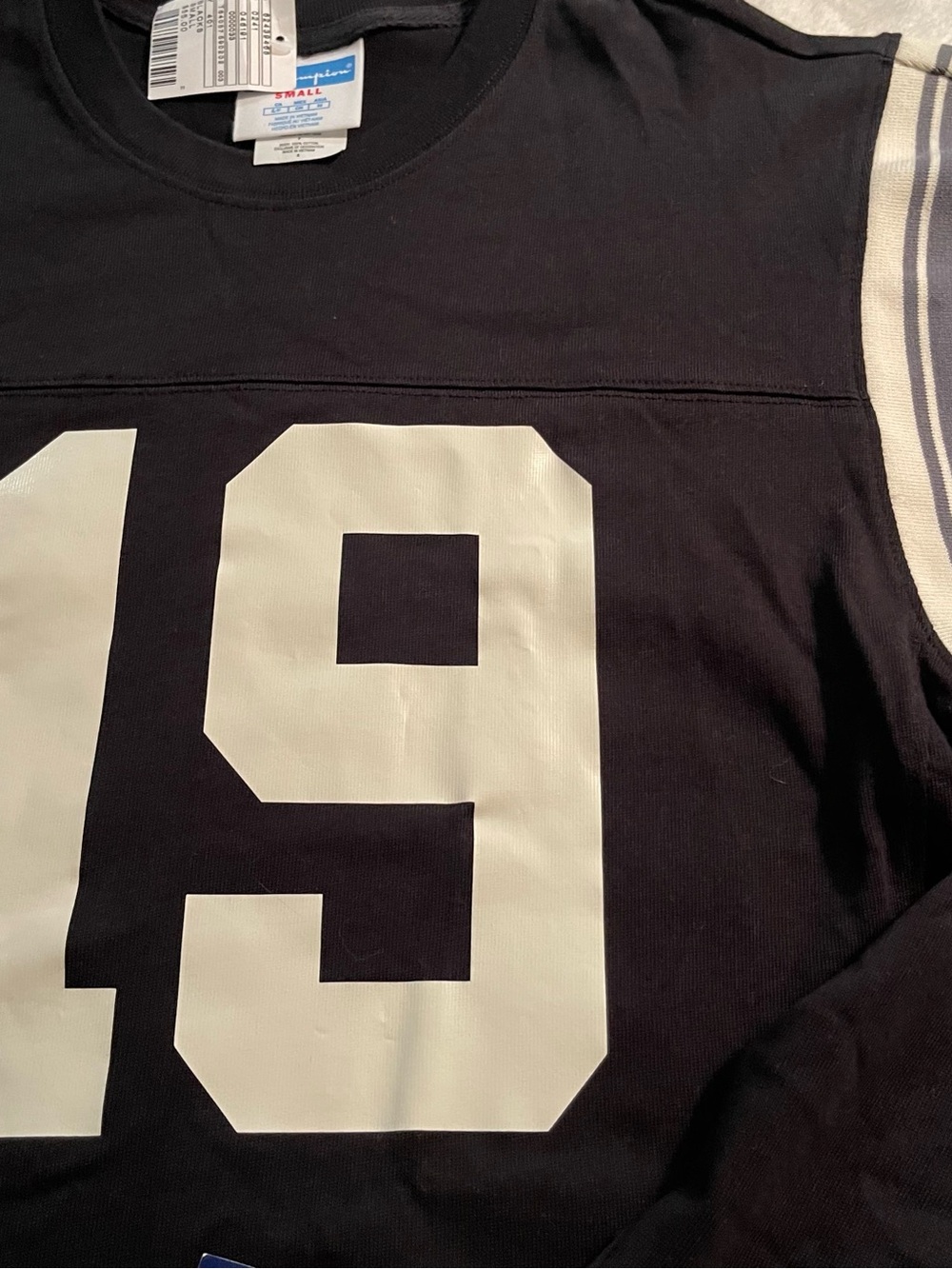 Champion Heritage Football T Shirt Jersey White Number 19 and Sleeve Stripes